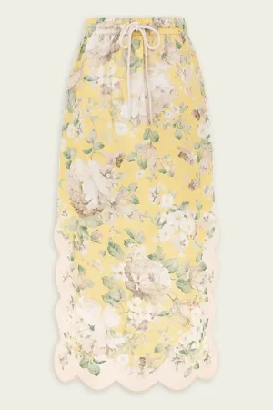 Acacia Scallop Midi Skirt in Yellow Floral