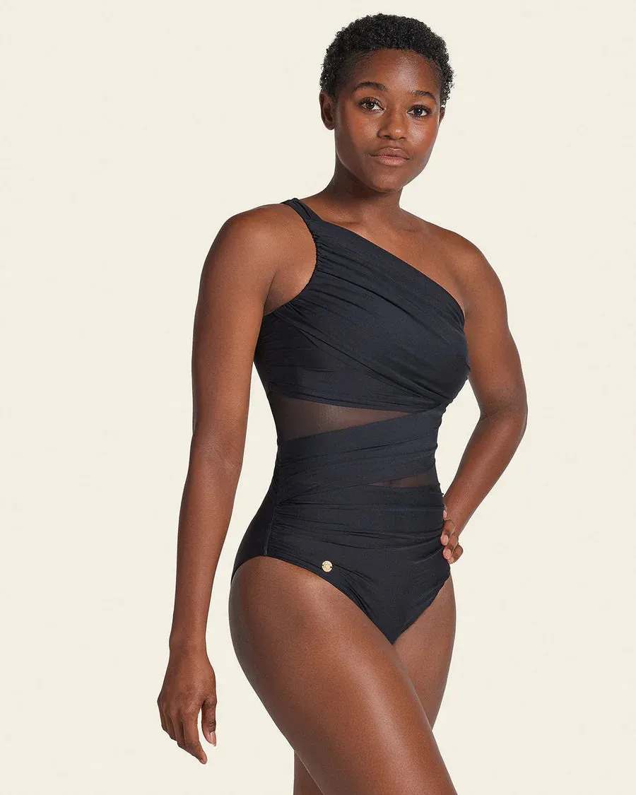 Asymmetrical Slimming Compression Swimsuit In Black - Leonisa