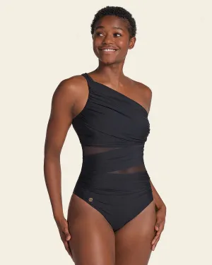 Asymmetrical Slimming Compression Swimsuit In Black - Leonisa