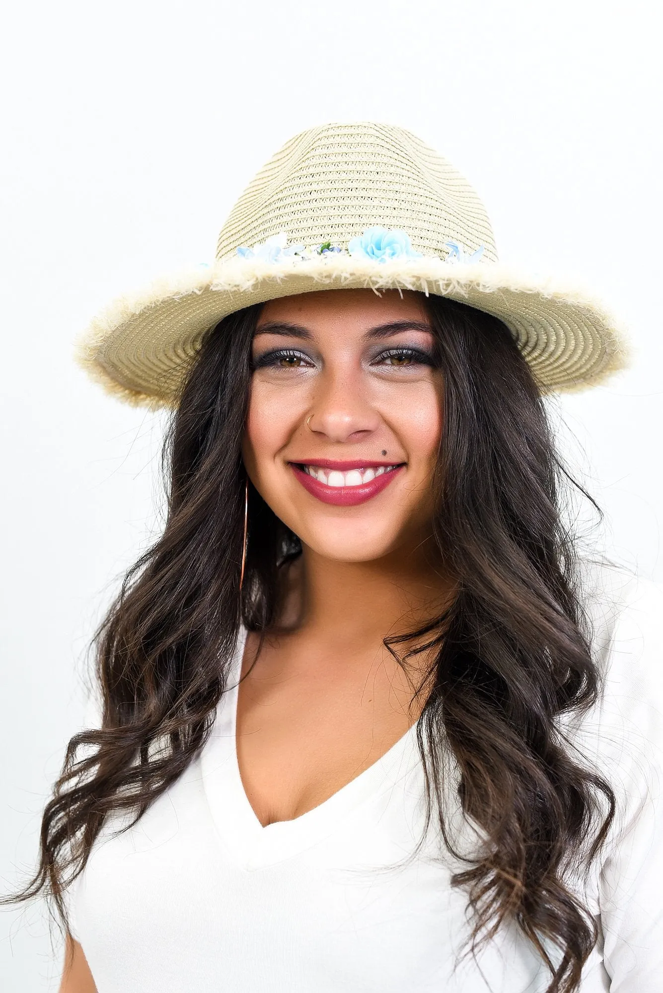 Beige/Blue Floral Floppy Fedora Hat - HAT1237BG