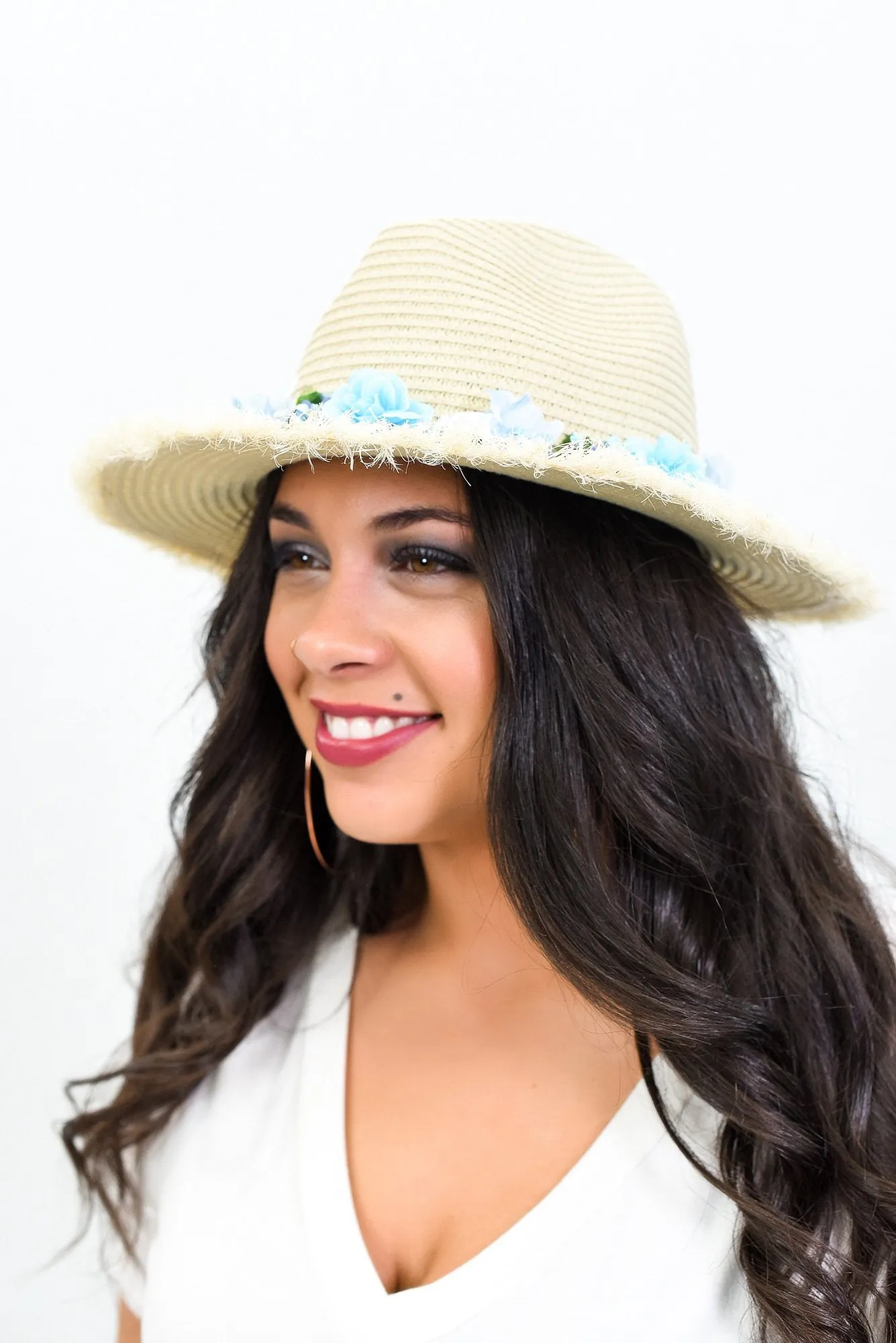 Beige/Blue Floral Floppy Fedora Hat - HAT1237BG