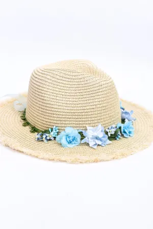 Beige/Blue Floral Floppy Fedora Hat - HAT1237BG