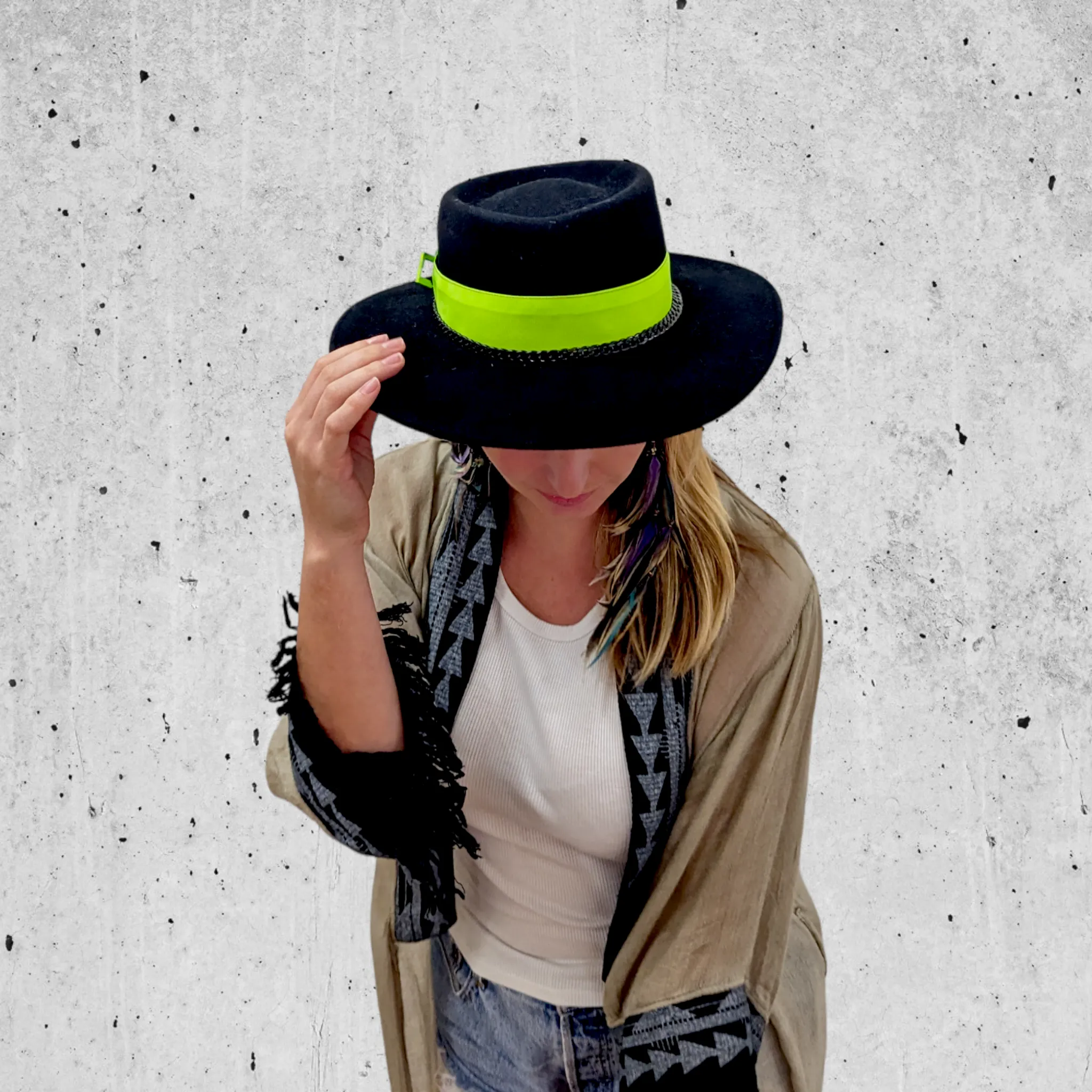 Black Fedora Wool Hat with a Neon Band