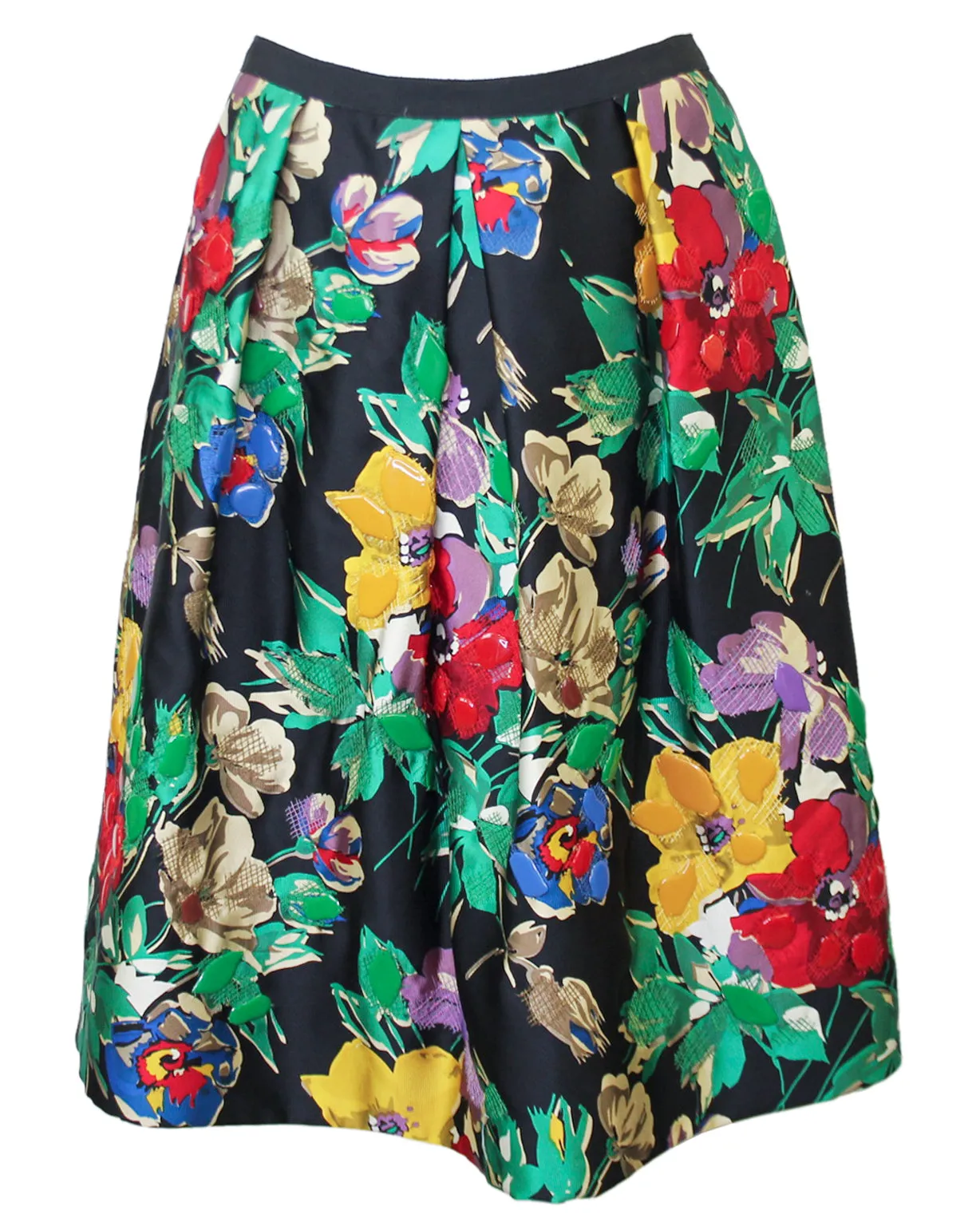 Black, Green, Red and Yellow Floral Silk Skirt