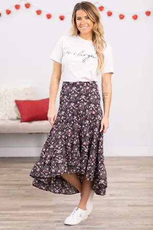 Black Multicolor Floral Hi Lo Midi Skirt