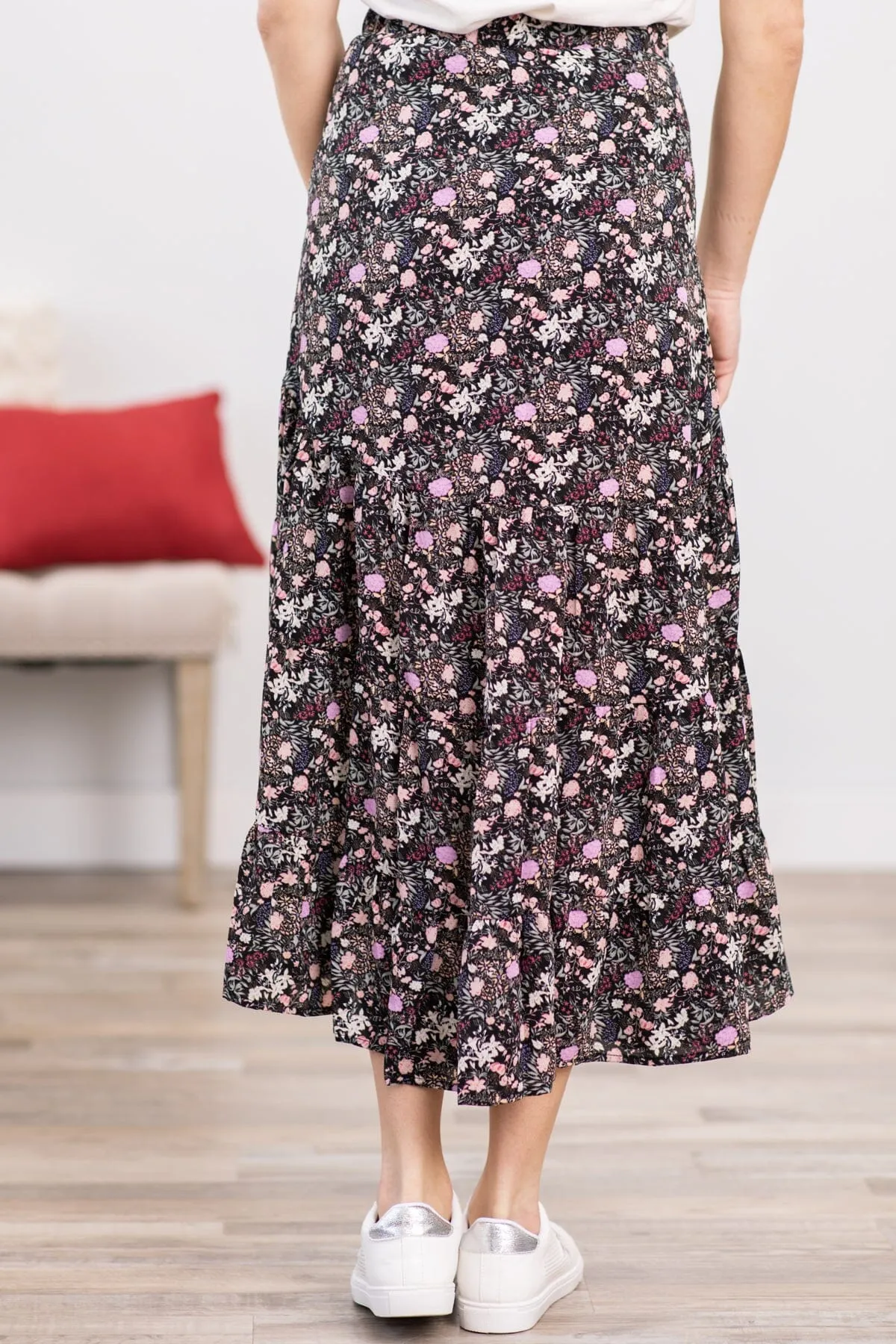 Black Multicolor Floral Hi Lo Midi Skirt