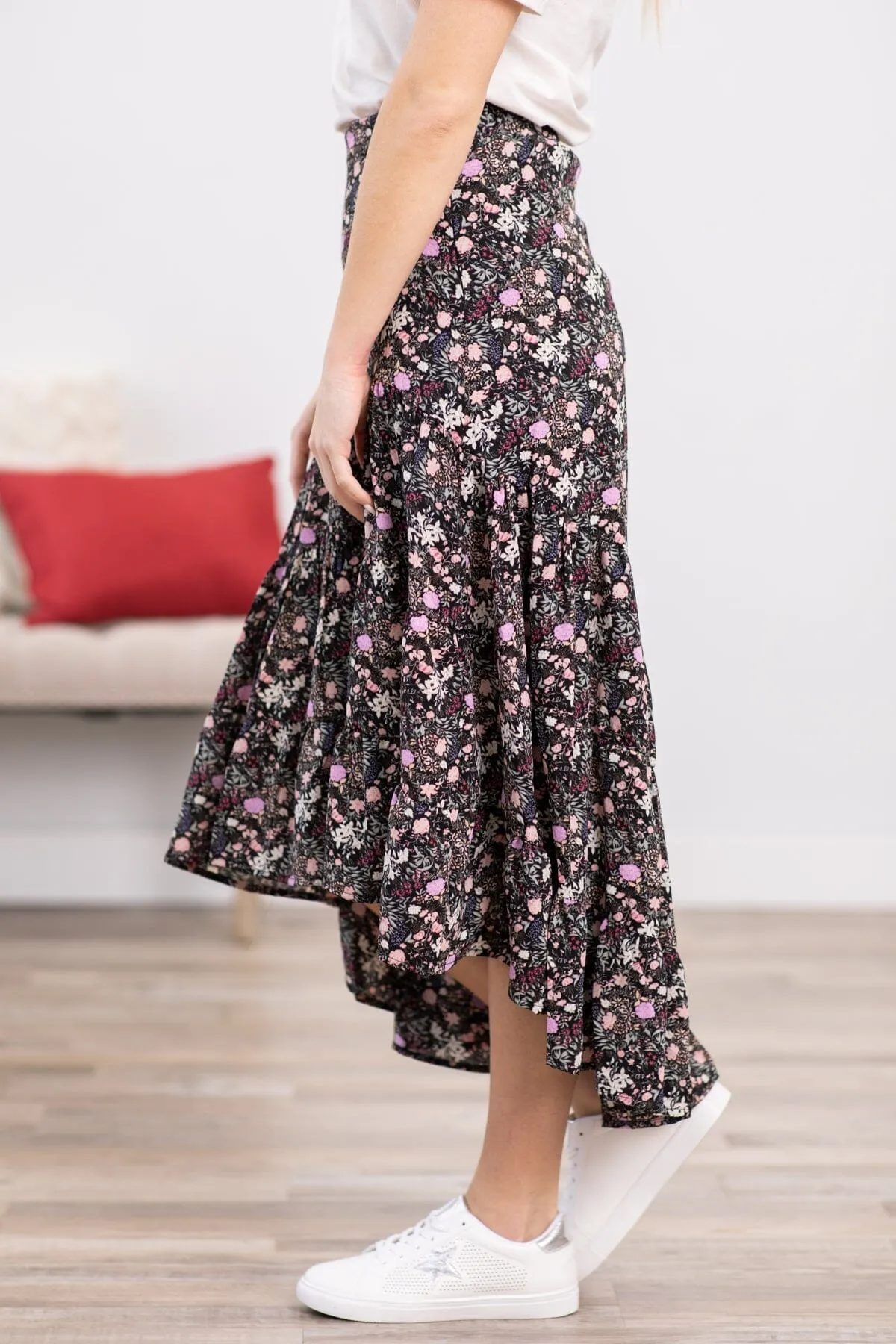 Black Multicolor Floral Hi Lo Midi Skirt