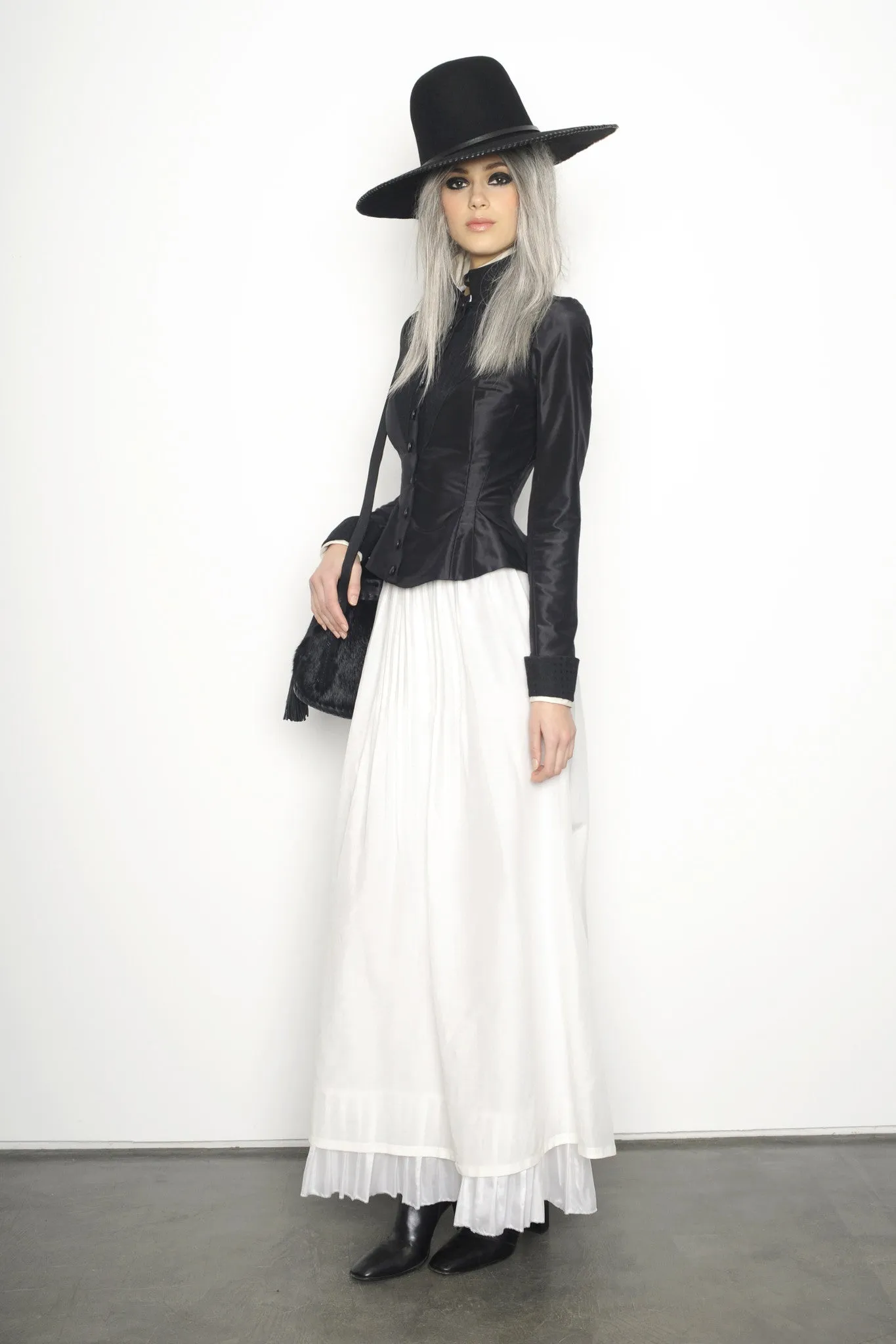 Black Silk Taffeta Victorian Jacket and Victorian Teacher Ruffle Skirt