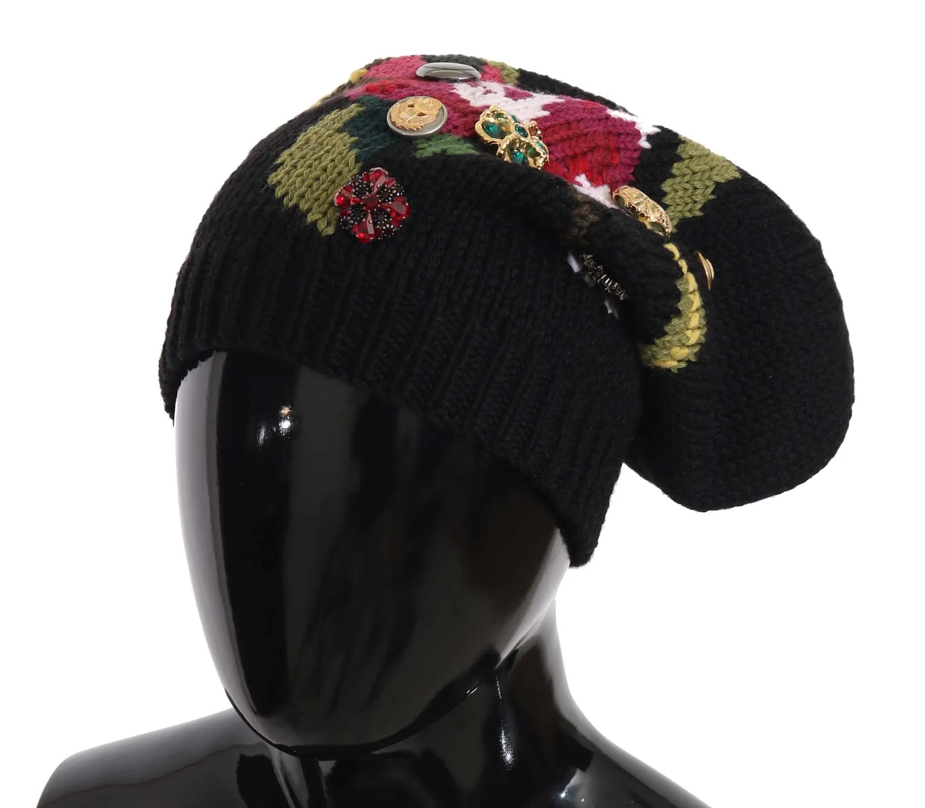 Black Wool Crystal Studded Knitted Floral Beanie Hat