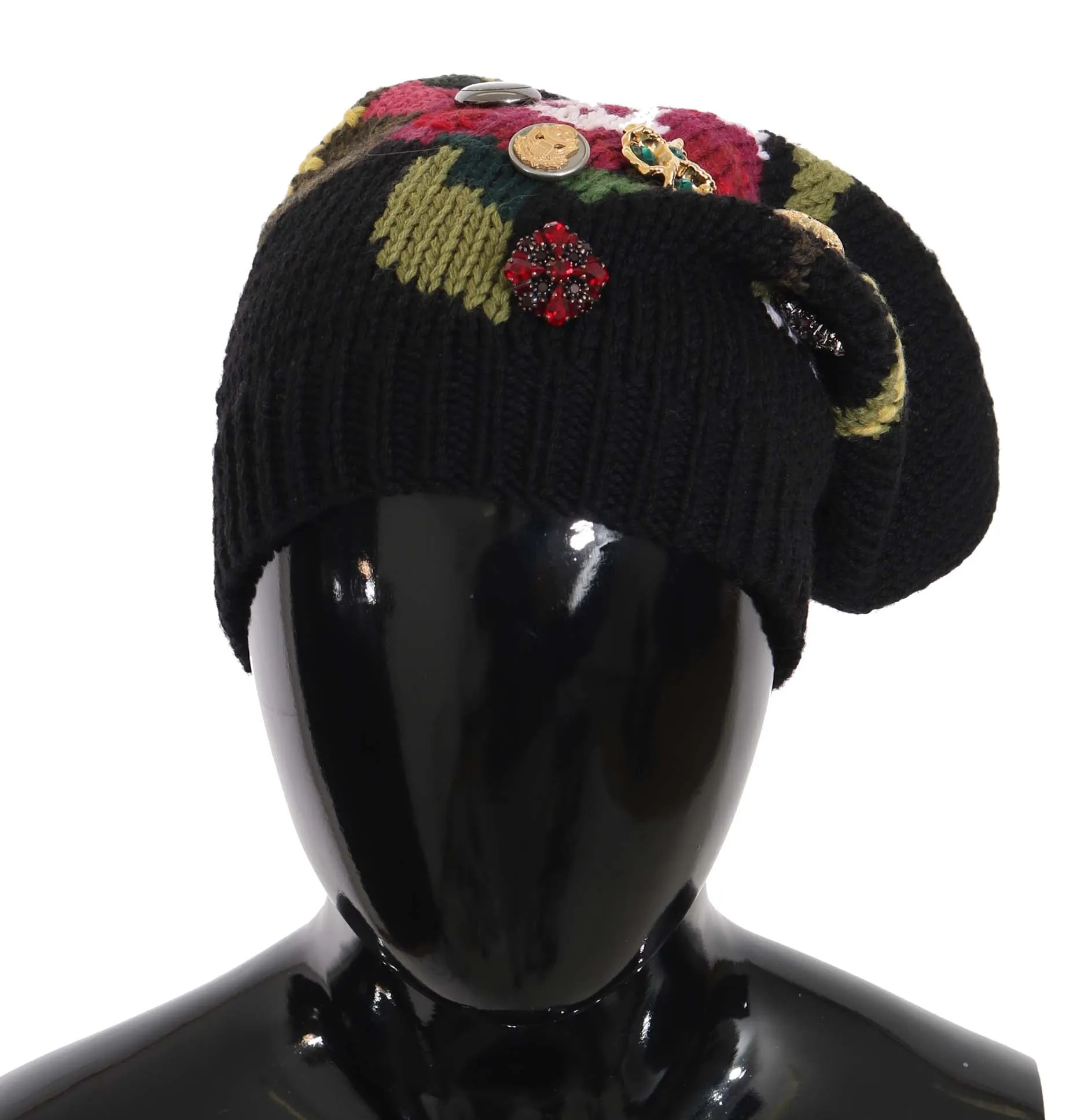 Black Wool Crystal Studded Knitted Floral Beanie Hat