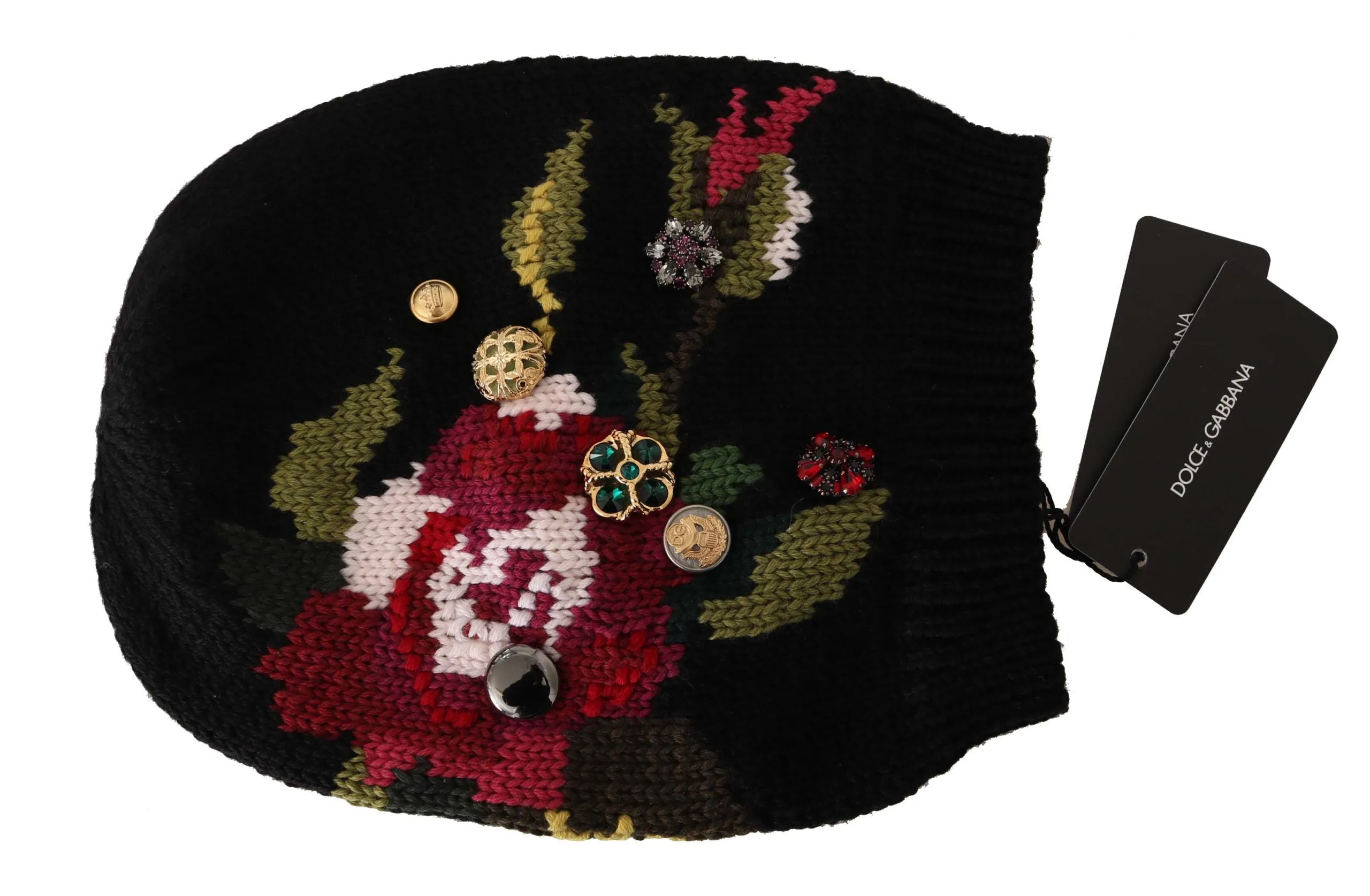 Black Wool Crystal Studded Knitted Floral Beanie Hat