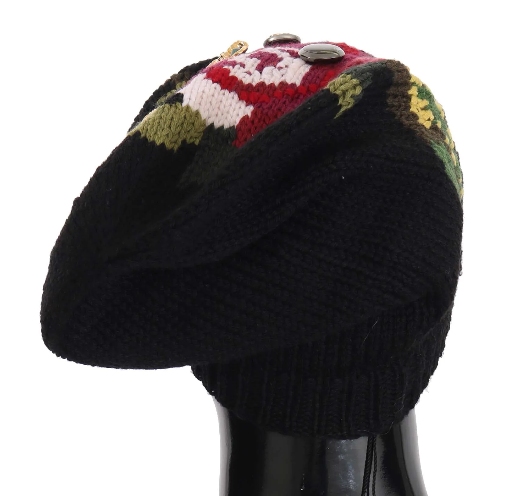 Black Wool Crystal Studded Knitted Floral Beanie Hat