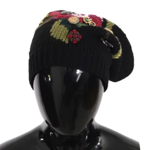 Black Wool Crystal Studded Knitted Floral Beanie Hat