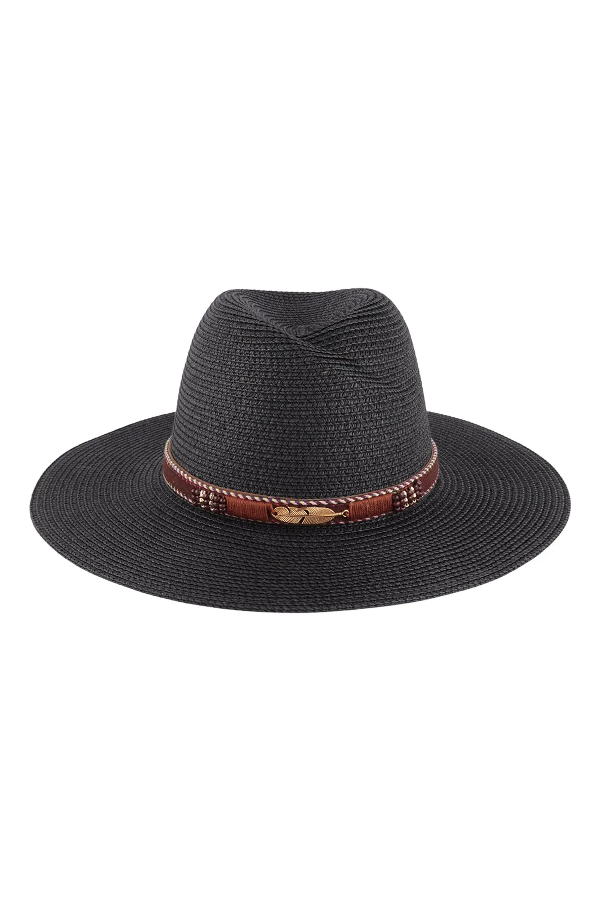 BRIM SUMMER HAT WITH FEATHER & LEATHER STRAP ACCENT
