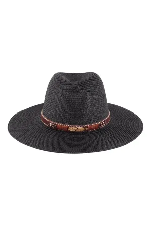 BRIM SUMMER HAT WITH FEATHER & LEATHER STRAP ACCENT