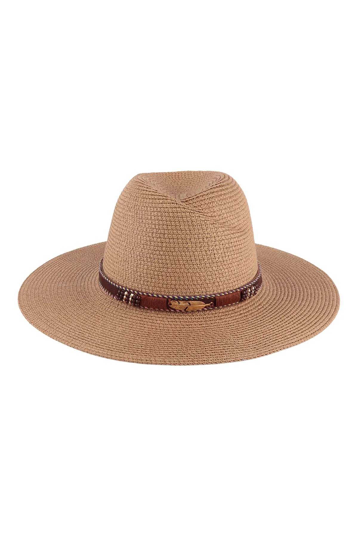 BRIM SUMMER HAT WITH FEATHER & LEATHER STRAP ACCENT