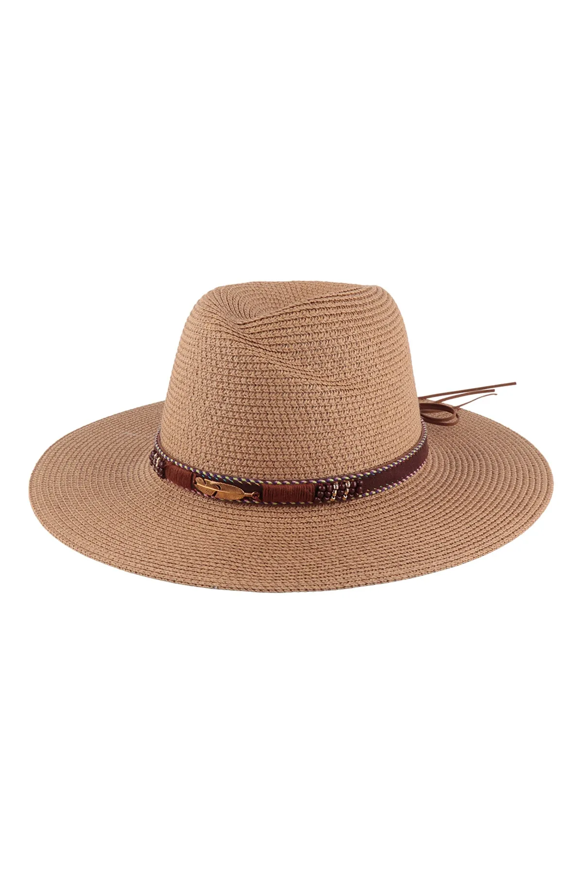 BRIM SUMMER HAT WITH FEATHER & LEATHER STRAP ACCENT