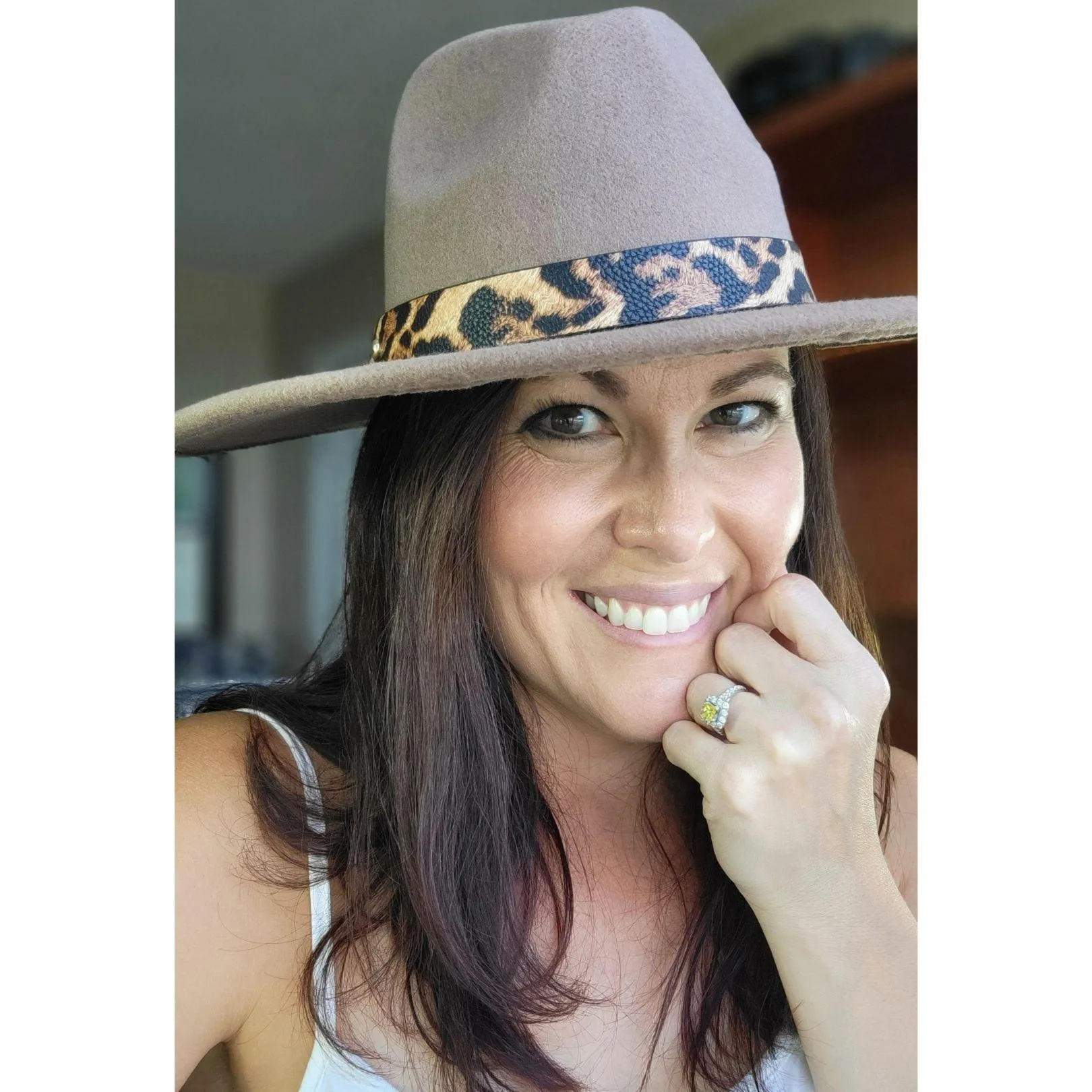 Brown Wide Stiff Brim Fedora Paloma Felt Hat with Leopard Strap Detail