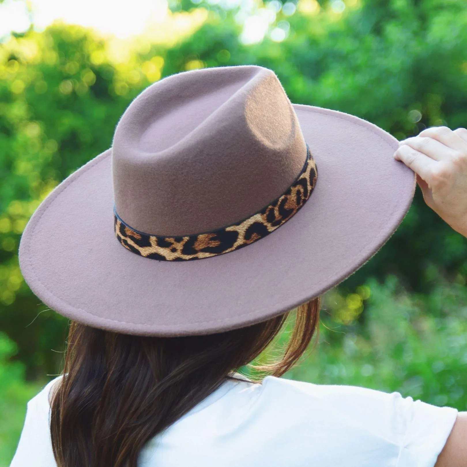 Brown Wide Stiff Brim Fedora Paloma Felt Hat with Leopard Strap Detail