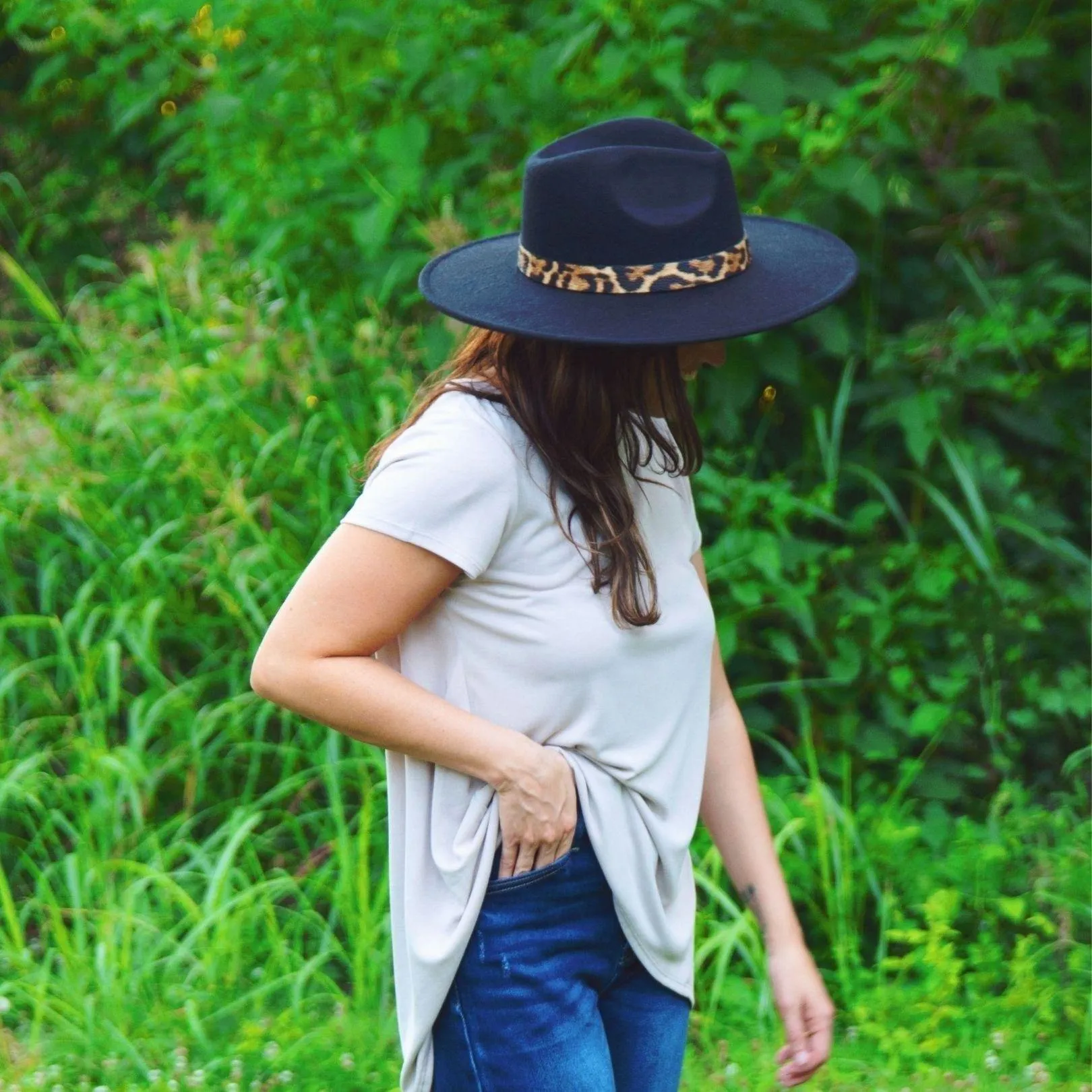 Brown Wide Stiff Brim Fedora Paloma Felt Hat with Leopard Strap Detail