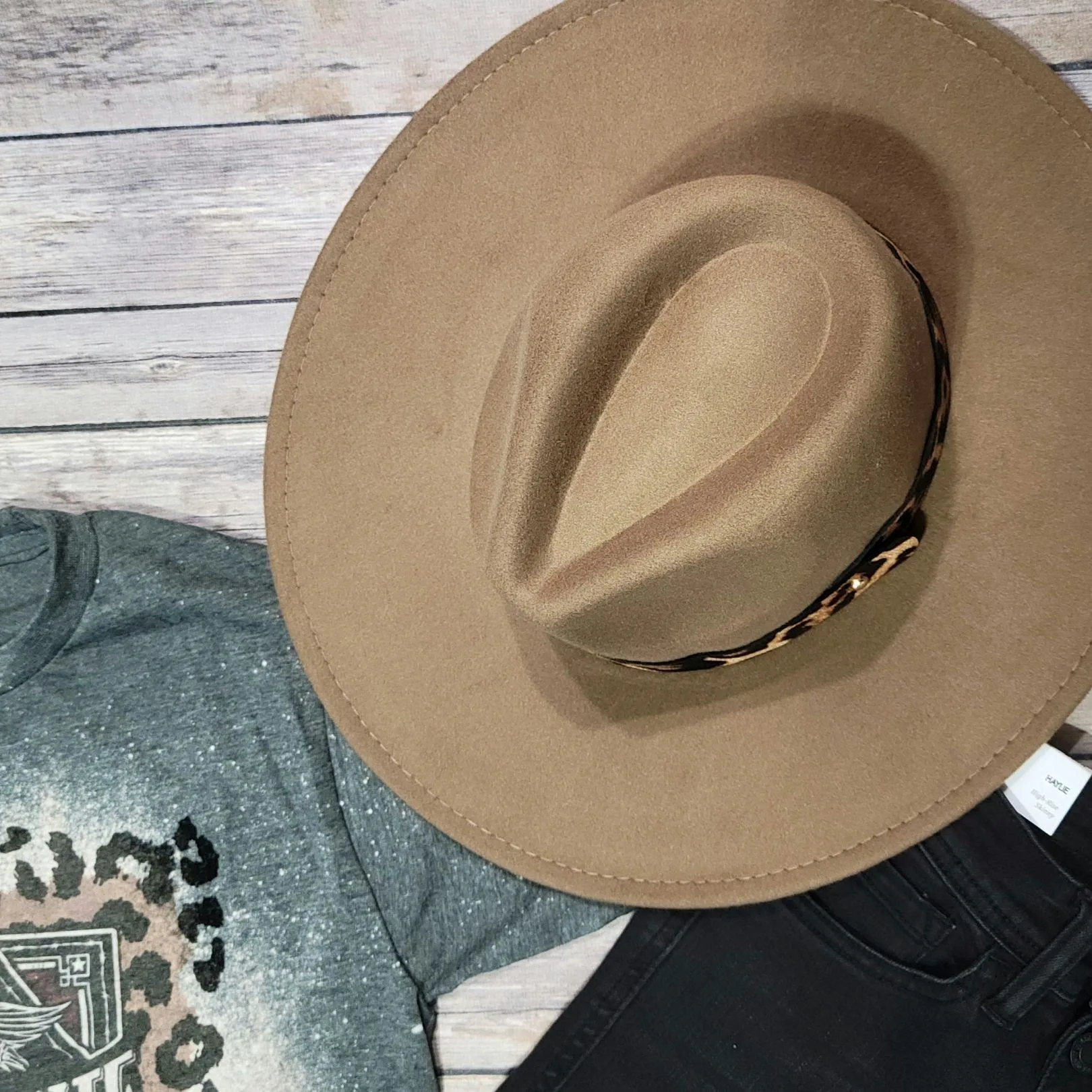 Brown Wide Stiff Brim Fedora Paloma Felt Hat with Leopard Strap Detail
