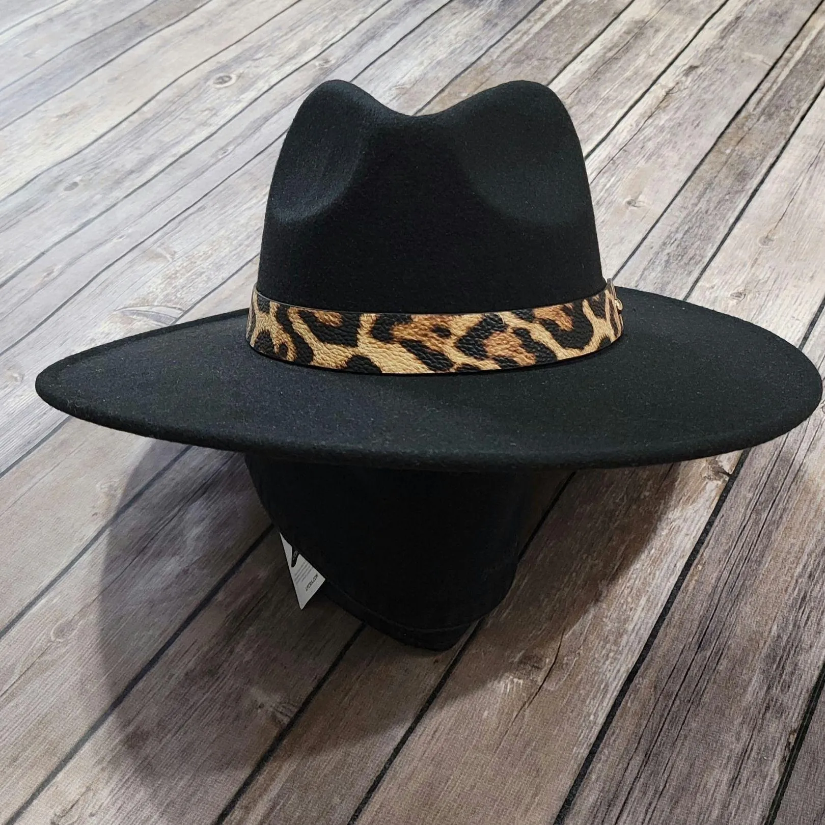 Brown Wide Stiff Brim Fedora Paloma Felt Hat with Leopard Strap Detail