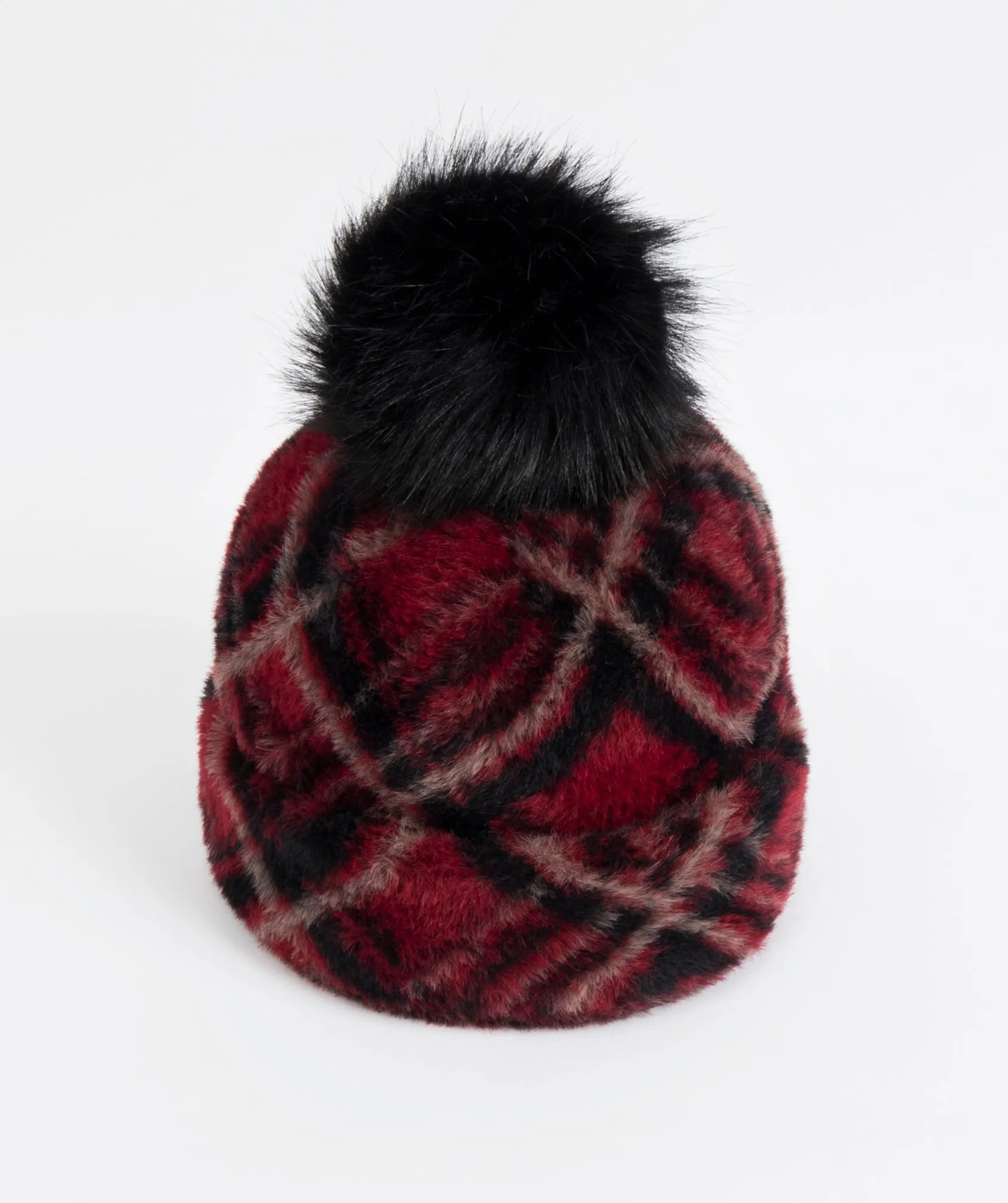 Burgundy Tartan oversized  Beanie with Large Faux Fur Pom Pom