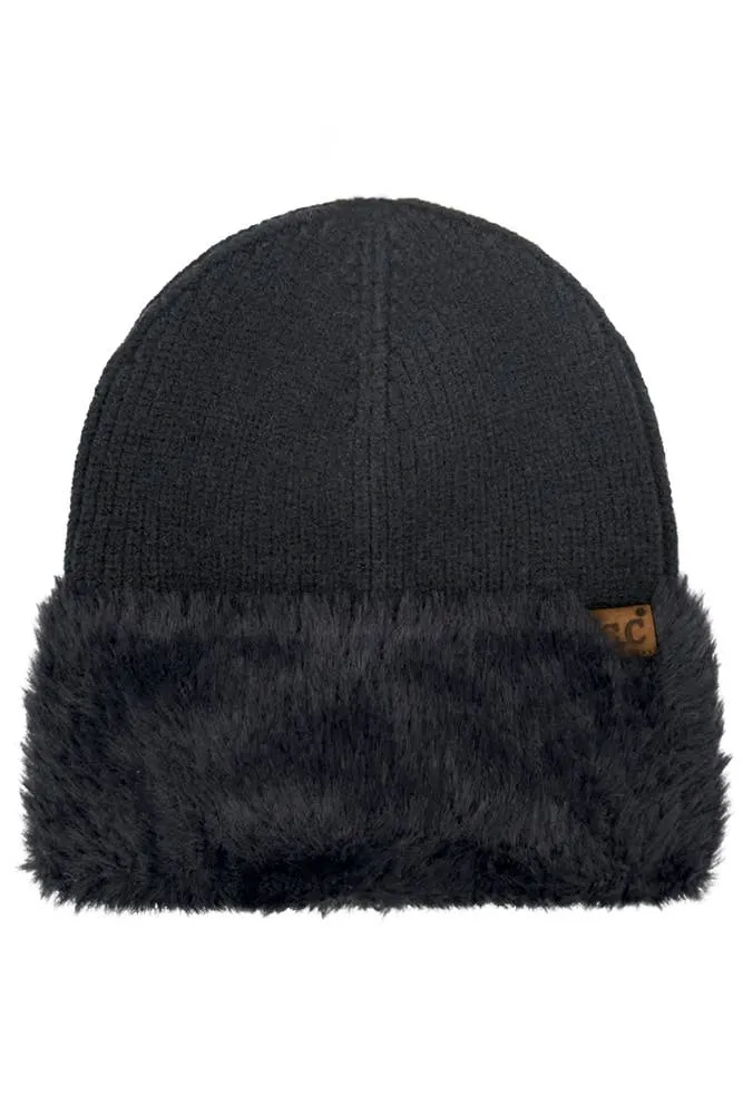 C.C Fur Cuff Beanie Winter Hat: Ivory