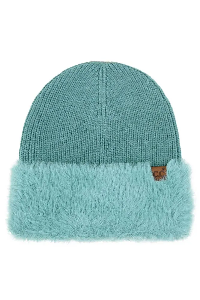C.C Fur Cuff Beanie Winter Hat: Ivory
