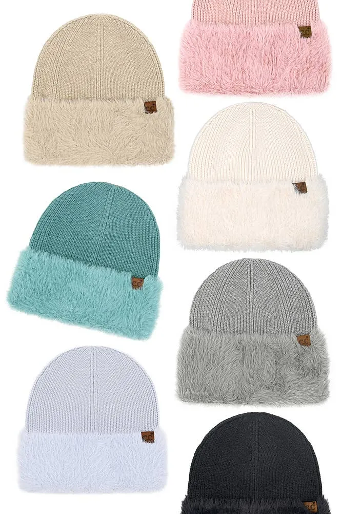 C.C Fur Cuff Beanie Winter Hat: Ivory