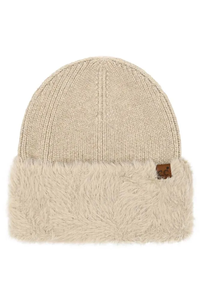 C.C Fur Cuff Beanie Winter Hat: Ivory