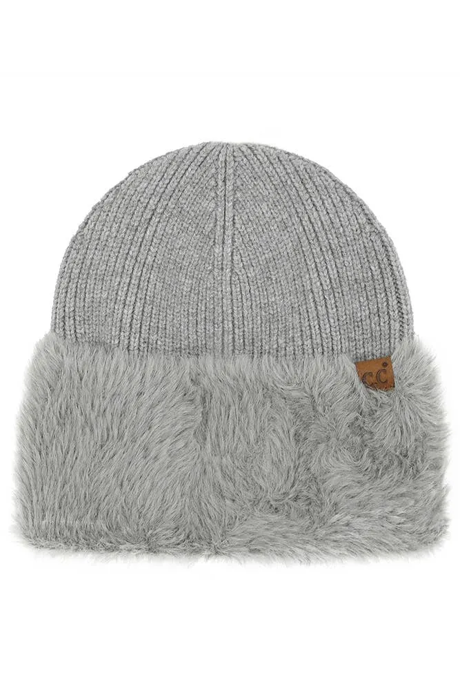 C.C Fur Cuff Beanie Winter Hat: Ivory