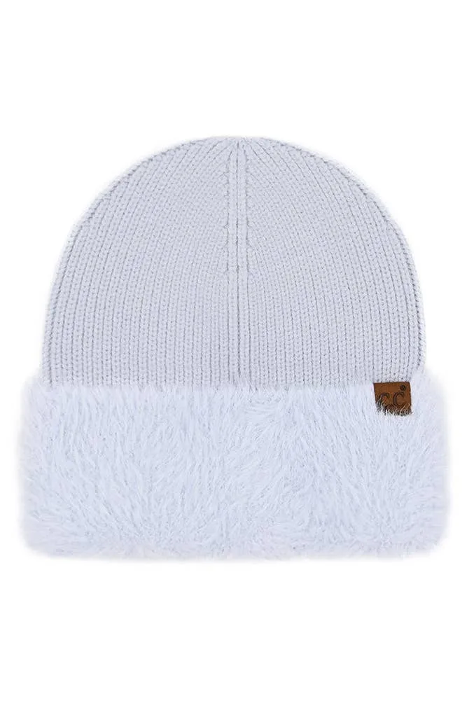 C.C Fur Cuff Beanie Winter Hat: Ivory