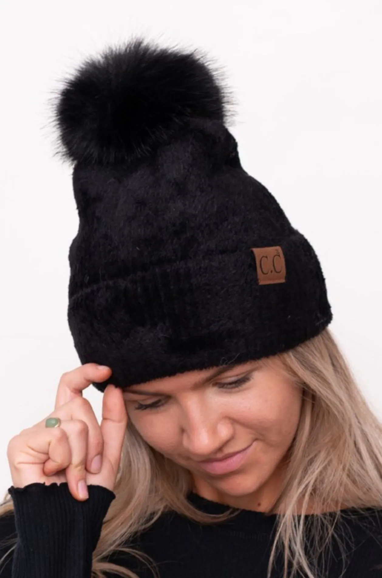 CC Plush Terry Pom Beanie- BLK