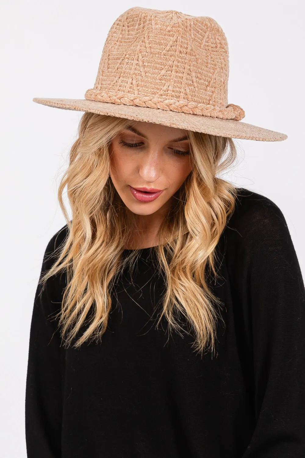Chenille Pattern Fedora with Braided Band Beige - Pack of 6