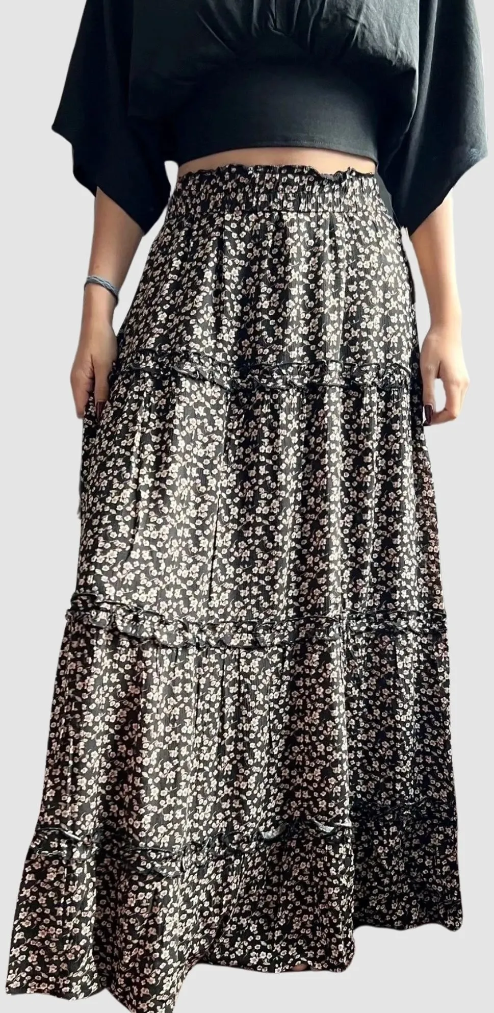 Cherry Blossom Gauze Maxi Floral Tier Skirt