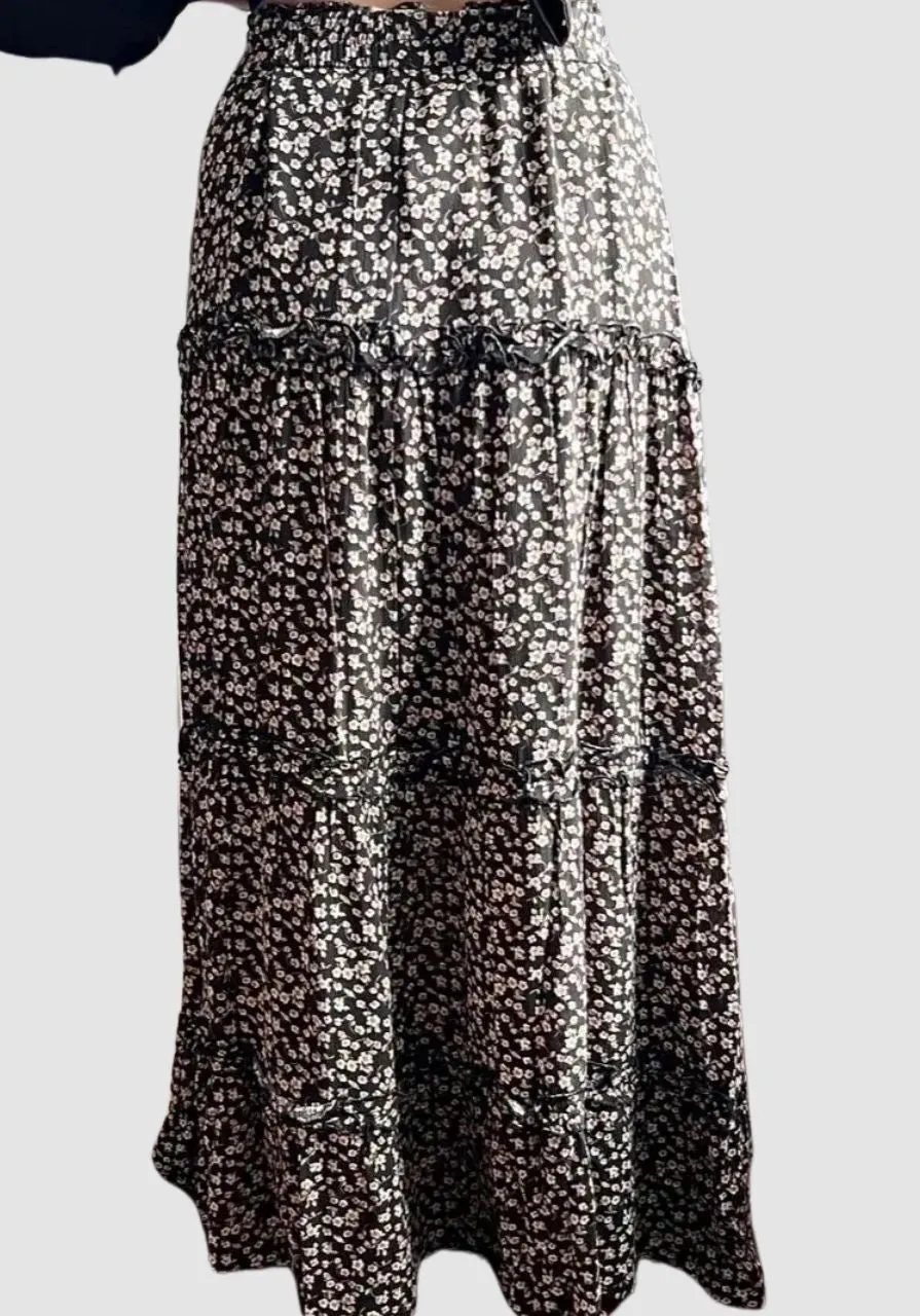 Cherry Blossom Gauze Maxi Floral Tier Skirt