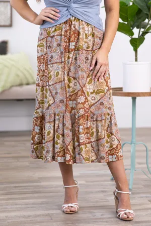Chestnut and Grey Patchwork Floral Maxi Skirt