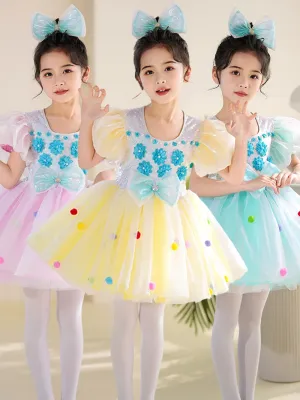 Children Toddlers Pink Yellow Sequins Jazz Costumes Tutu Skirts Girls Kindergarten Choir Performance Princess Dresses