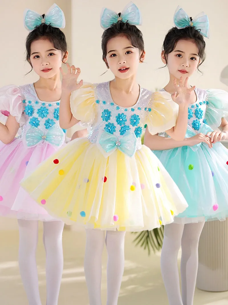 Children Toddlers Pink Yellow Sequins Jazz Costumes Tutu Skirts Girls Kindergarten Choir Performance Princess Dresses