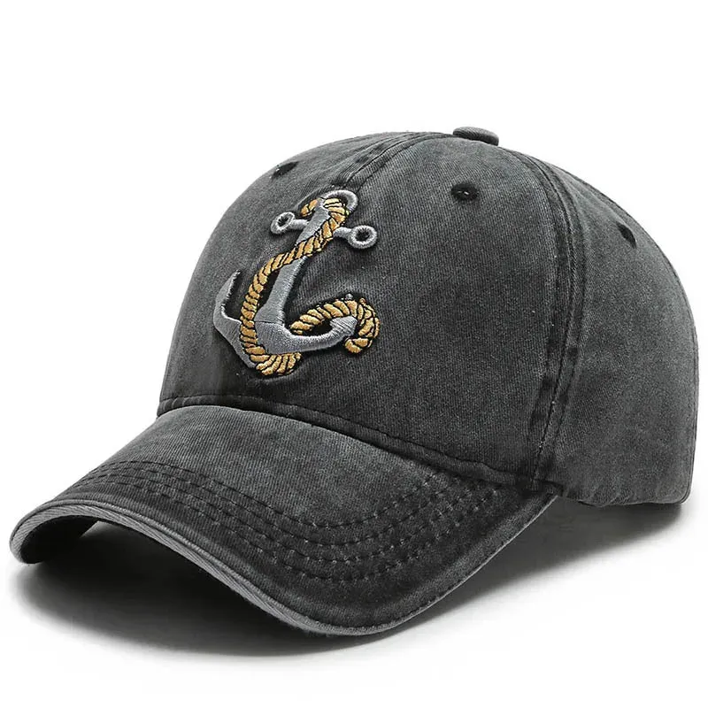 Cool Cotton Washed Baseball Cap - Anchor Embroidery, Four Season Outdoor Casual Hat