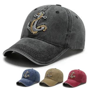 Cool Cotton Washed Baseball Cap - Anchor Embroidery, Four Season Outdoor Casual Hat