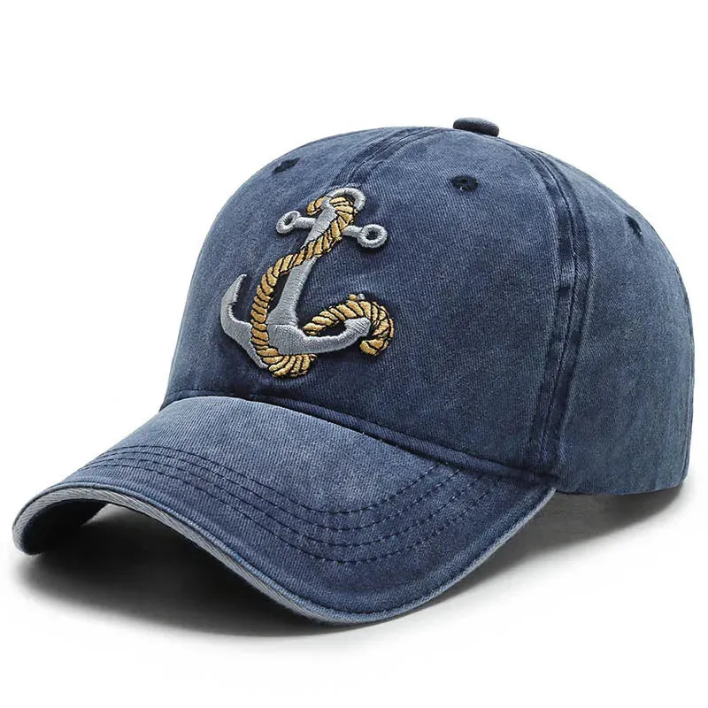 Cool Cotton Washed Baseball Cap - Anchor Embroidery, Four Season Outdoor Casual Hat