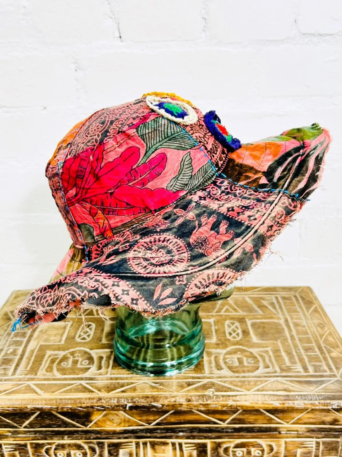 Cotton Embroidered Patch Wide Brim Sun Hat