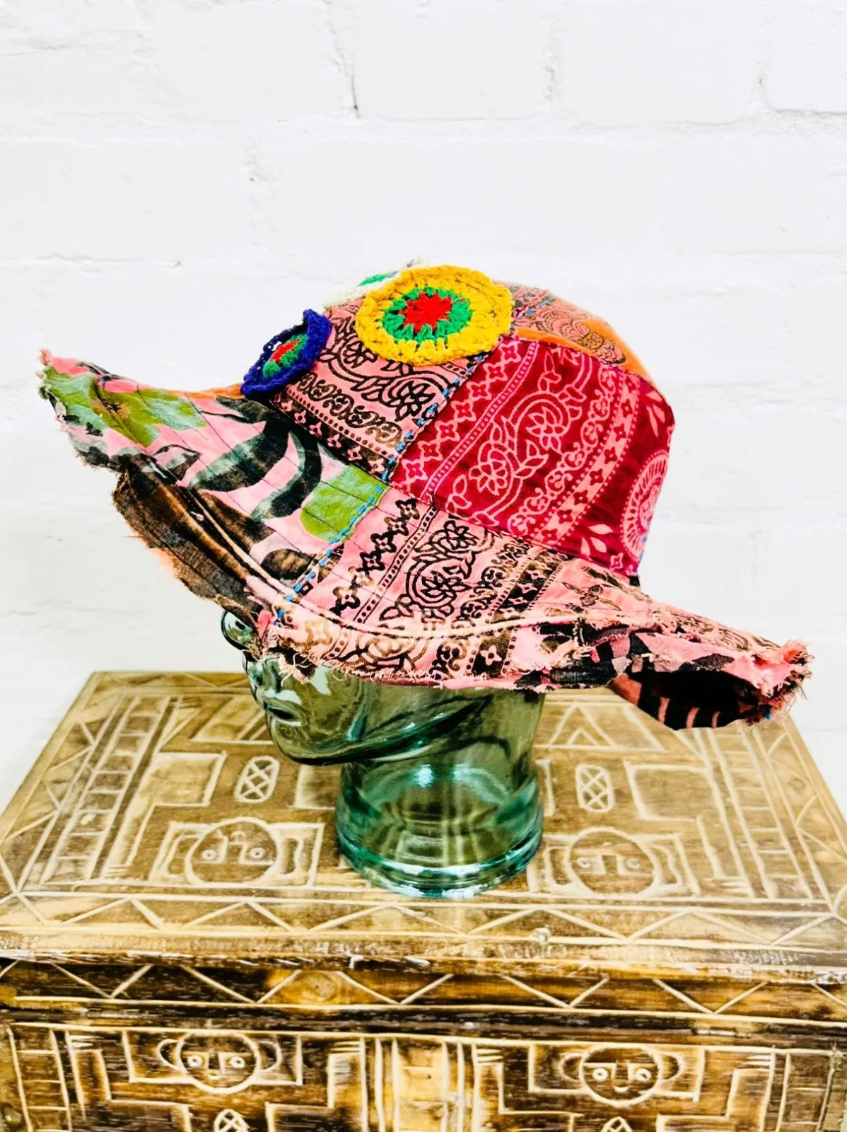 Cotton Embroidered Patch Wide Brim Sun Hat