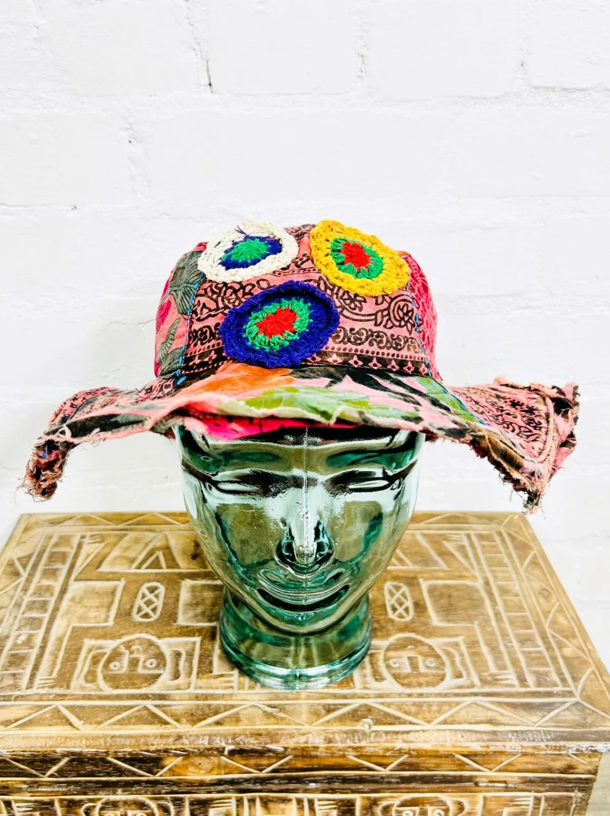 Cotton Embroidered Patch Wide Brim Sun Hat