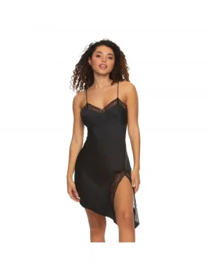 Crave Asymmetrical Satin & Lace Slip - Black -