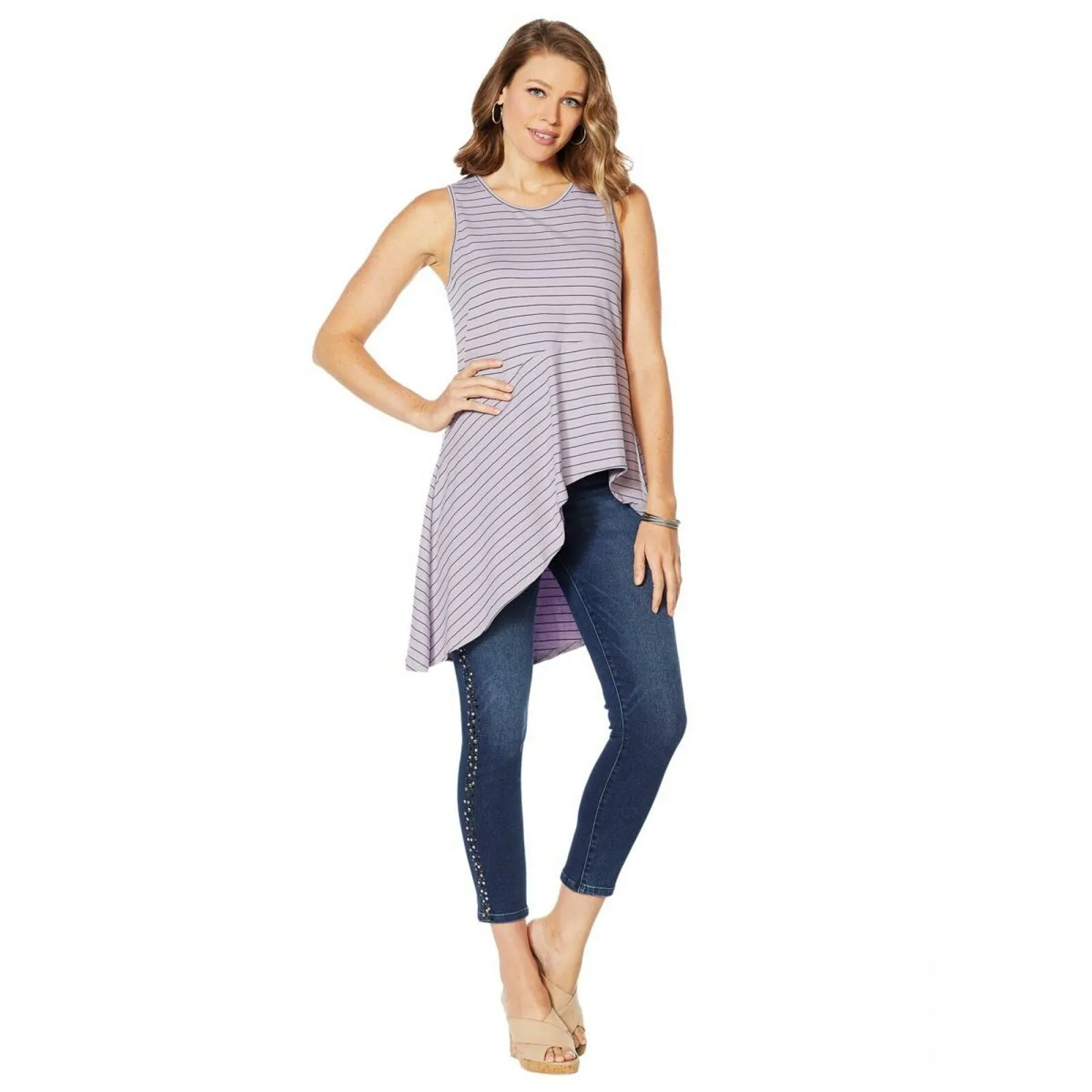 DG2 by Diane Gilman Women's Asymmetric Drape Striped Tank Top