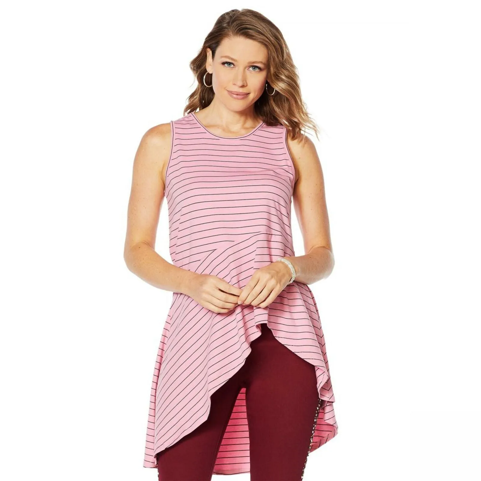 DG2 by Diane Gilman Women's Asymmetric Drape Striped Tank Top