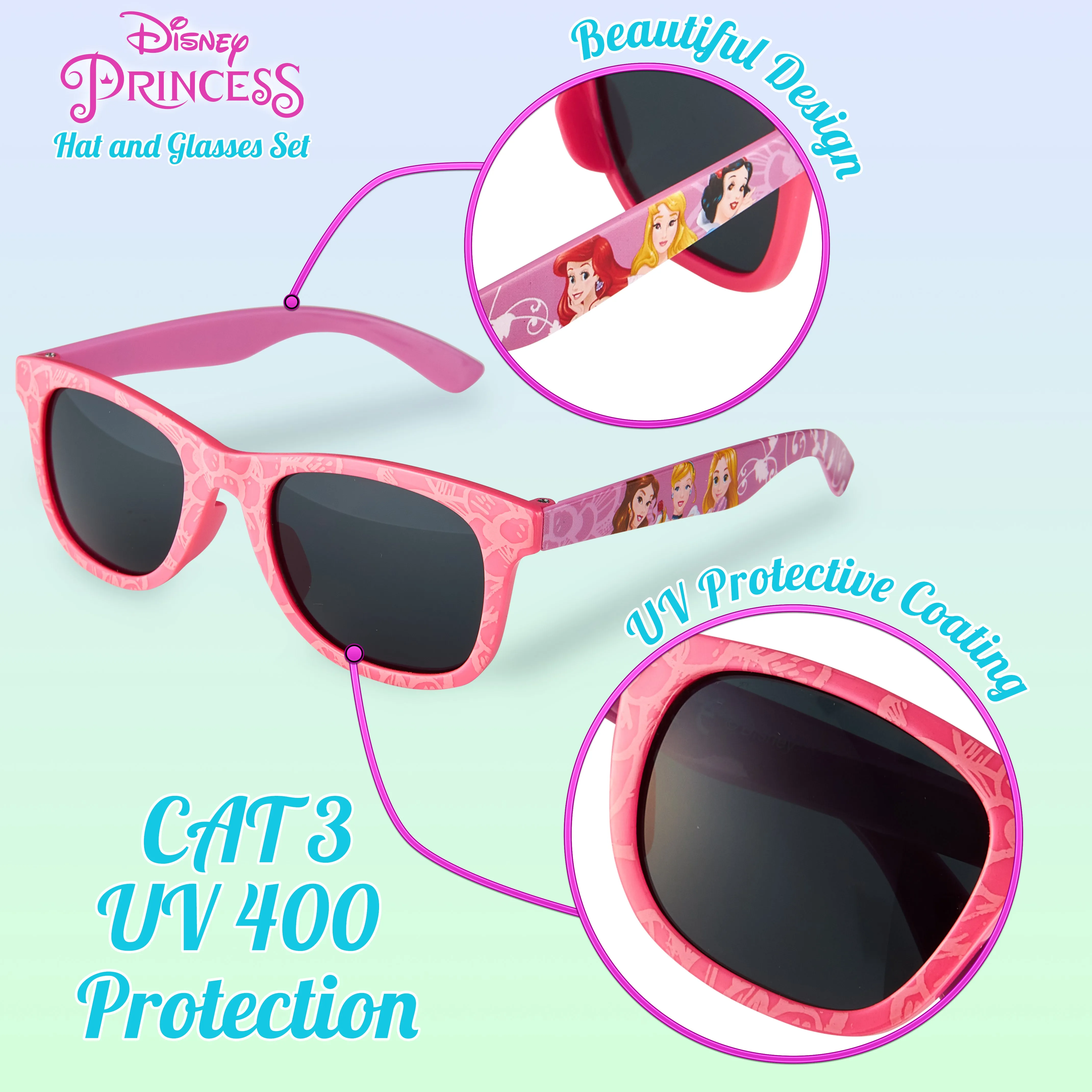 Disney Princess Baseball Cap & Kids Sunglasses, Girls Sun Hat & Sunglasses